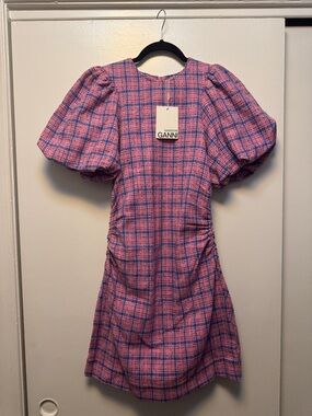 Ganni Pink and Blue Plaid Puff-Sleeve Mini Dress